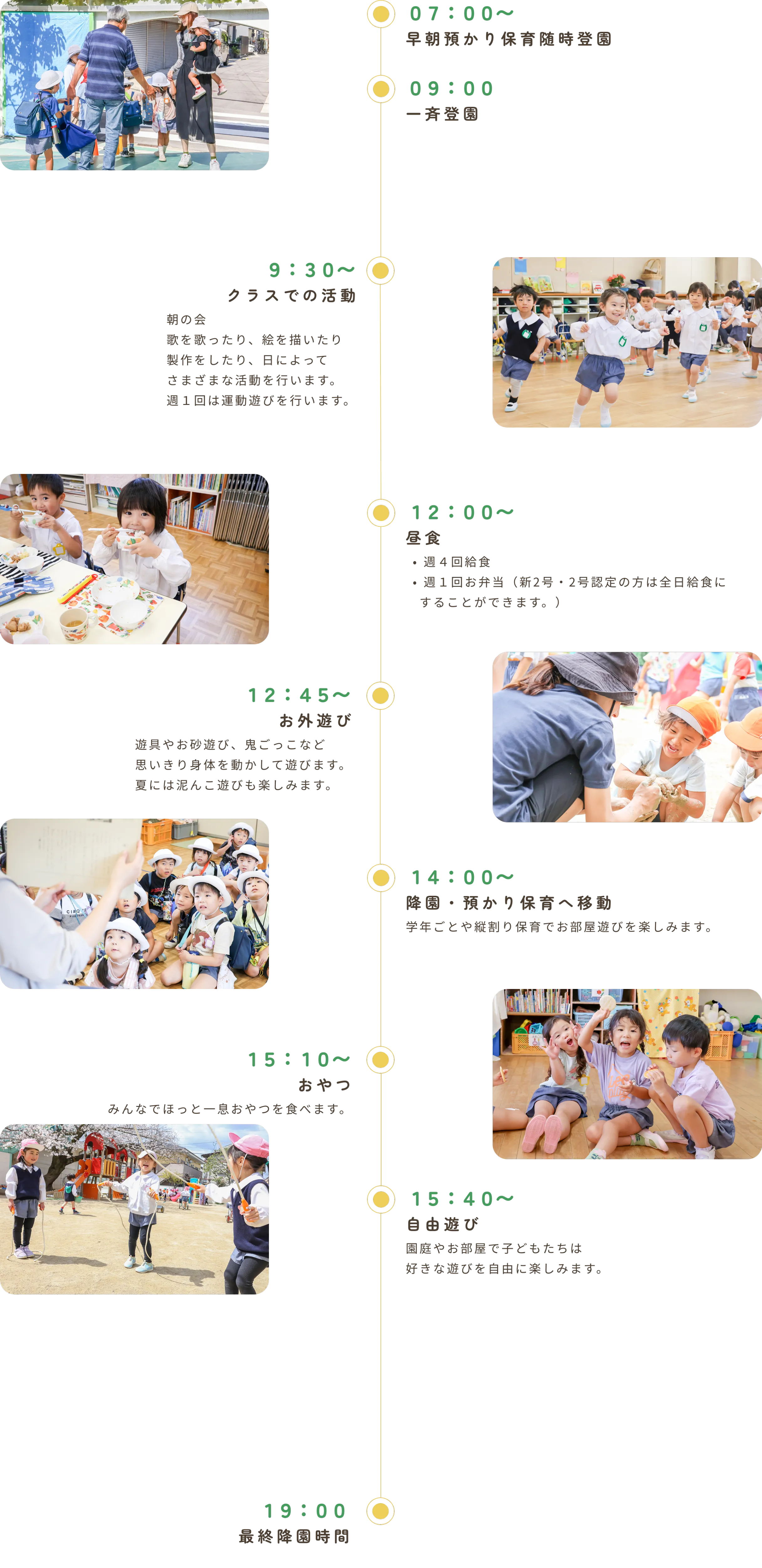 幼児クラスの1日のスケジュール。7時〜早朝預かり保育随時登園、9時一斉登園、9時半〜クラスでの活動、12時〜昼食、12時45分〜お外遊び、14時〜降園・預かり保育へ移動、15時10分〜おやつ、15時40分〜自由遊び、19時最終降園時間。